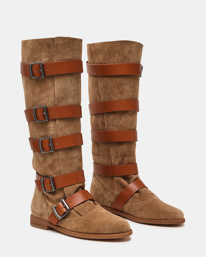 INDIO Tan Suede Buckle Strap Knee-High Round-Toe Women's Boot | Steve Madden
