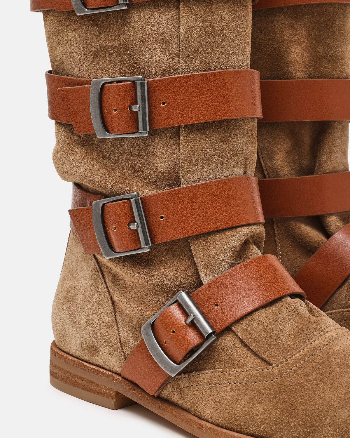 INDIO Tan Suede Buckle Strap Knee-High Round-Toe Women's Boot | Steve Madden