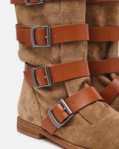 INDIO Tan Suede Buckle Strap Knee-High Round-Toe Women's Boot | Steve Madden