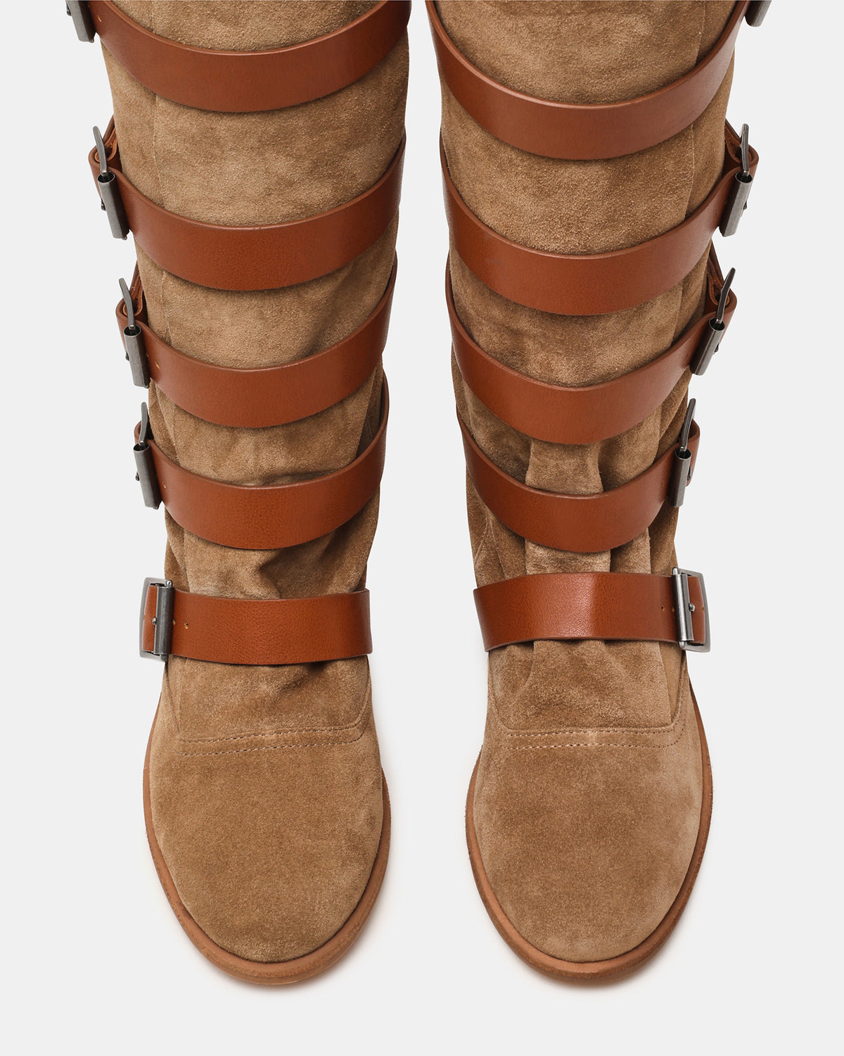 INDIO Tan Suede Buckle Strap Knee-High Round-Toe Women's Boot | Steve Madden