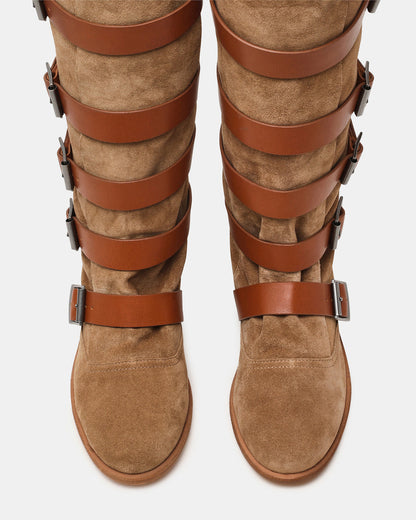 INDIO Tan Suede Buckle Strap Knee-High Round-Toe Women's Boot | Steve Madden
