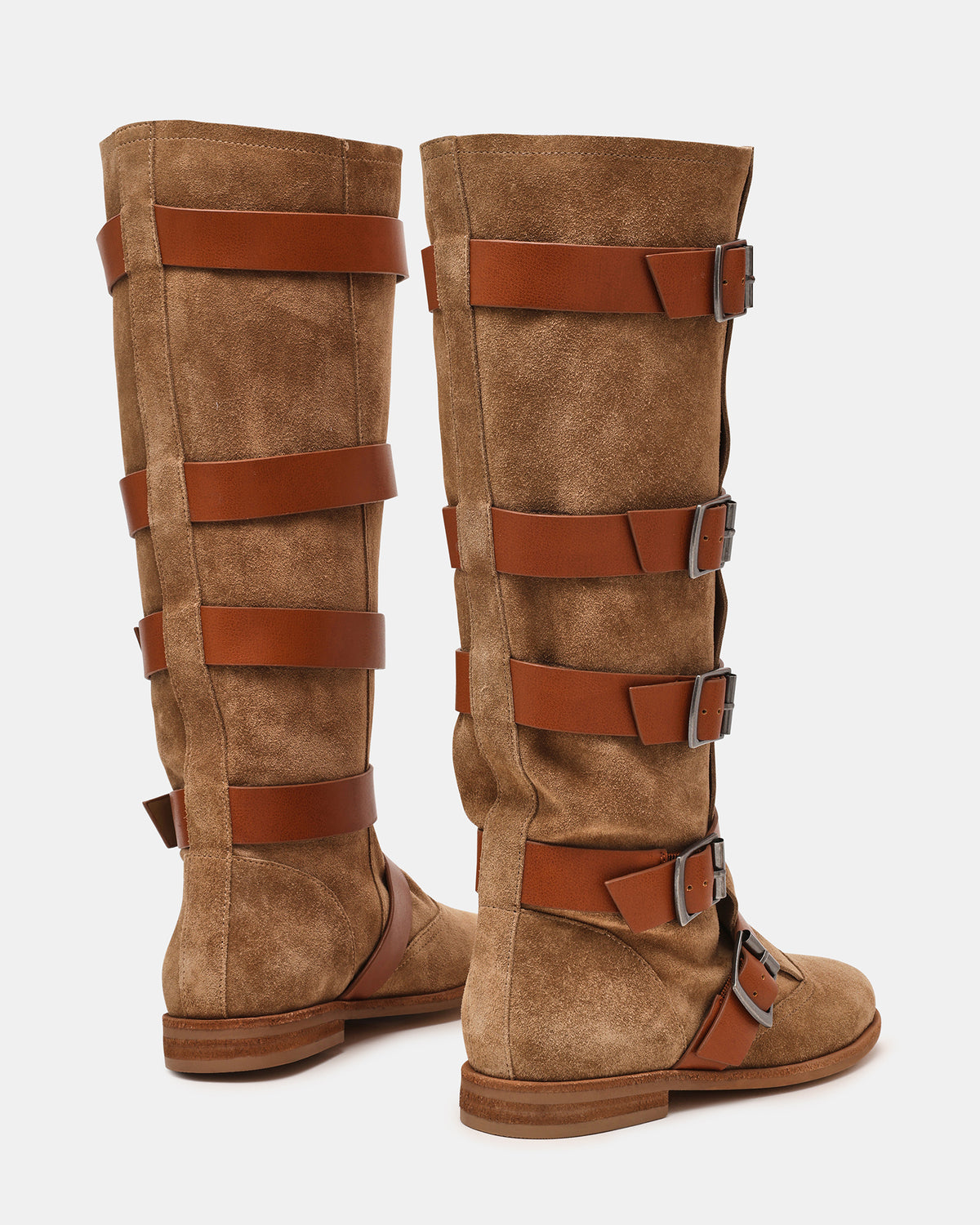 INDIO Tan Suede Buckle Strap Knee-High Round-Toe Women's Boot | Steve Madden