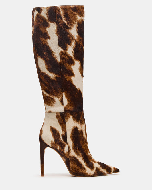 NITRO Brown Cow Print Wide Calf Pointed-Toe Stiletto Heel Knee-High Women's Boots | Steve Madden