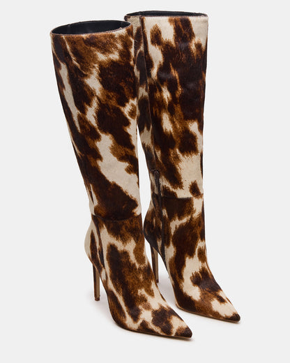 NITRO Brown Cow Print Wide Calf Pointed-Toe Stiletto Heel Knee-High Women's Boots | Steve Madden