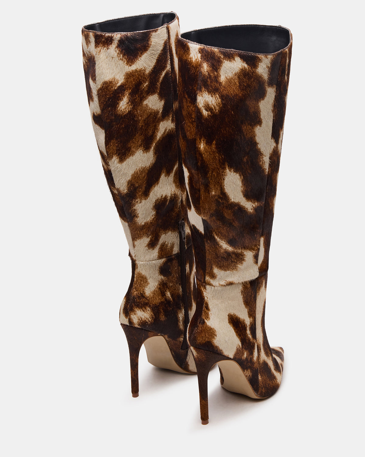NITRO Brown Cow Print Wide Calf Pointed-Toe Stiletto Heel Knee-High Women's Boots | Steve Madden