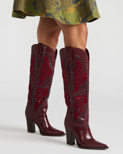 KAZ Burgundy Pointed-Toe Knee-High Block Heel Western Women's Boot | Steve Madden