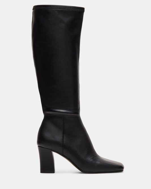 ELLIOT Black Square-Toe Knee-High Block Heel Women's Boot | Steve Madden
