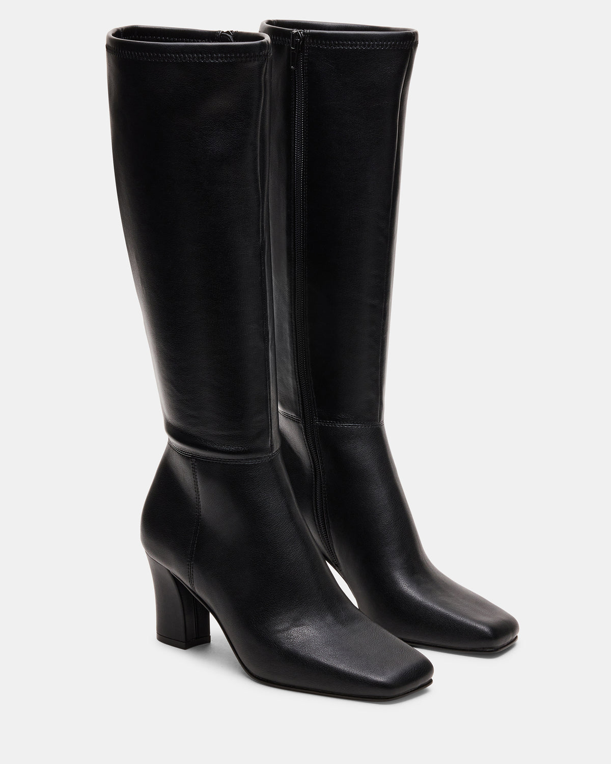 ELLIOT Black Square-Toe Knee-High Block Heel Women's Boot | Steve Madden