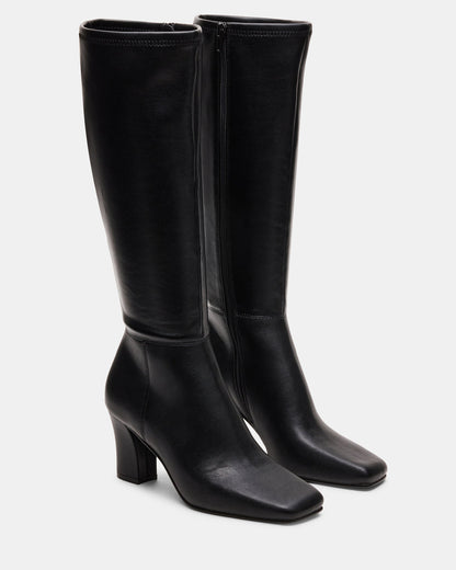 ELLIOT Black Square-Toe Knee-High Block Heel Women's Boot | Steve Madden
