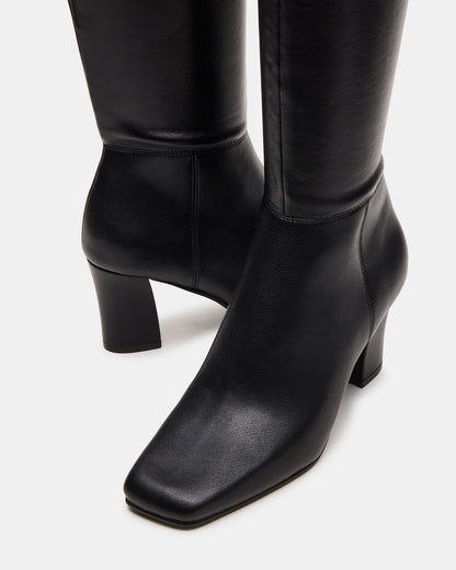ELLIOT Black Square-Toe Knee-High Block Heel Women's Boot | Steve Madden