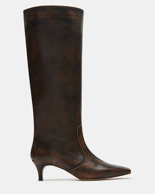 LANDER Brown Distressed Knee-High Kitten Heel Women's Boot | Steve Madden