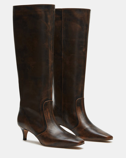 LANDER Brown Distressed Knee-High Kitten Heel Women's Boot | Steve Madden