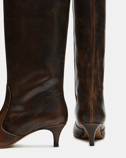 LANDER Brown Distressed Knee-High Kitten Heel Women's Boot | Steve Madden