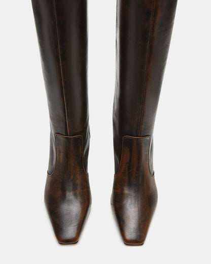 LANDER Brown Distressed Knee-High Kitten Heel Women's Boot | Steve Madden
