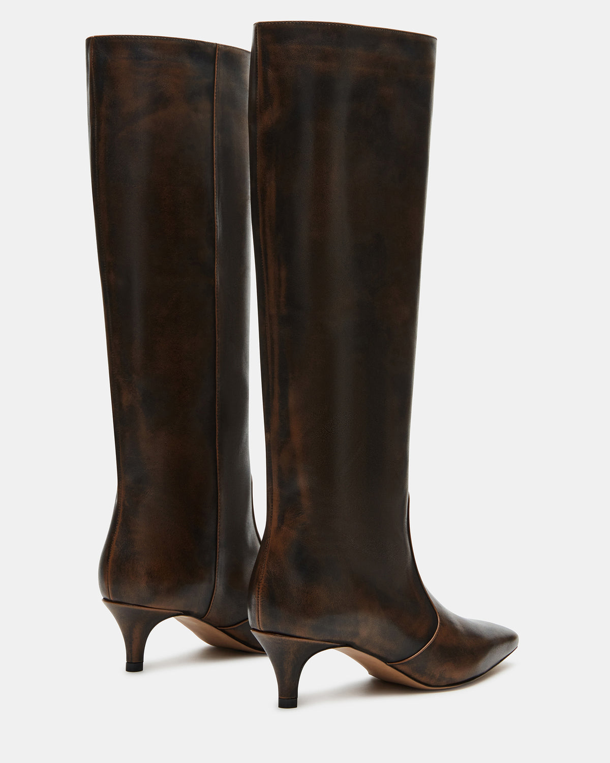 LANDER Brown Distressed Knee-High Kitten Heel Women's Boot | Steve Madden