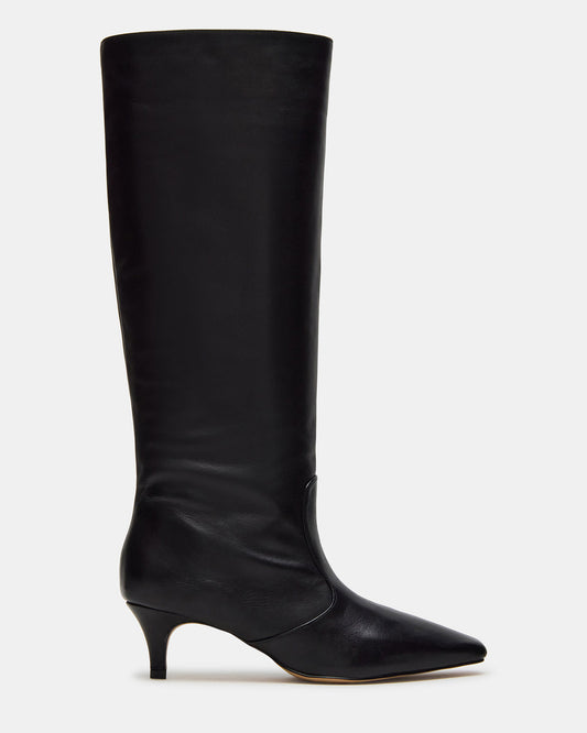 LANDER Black Leather Knee-High Kitten Heel Women's Boot | Steve Madden