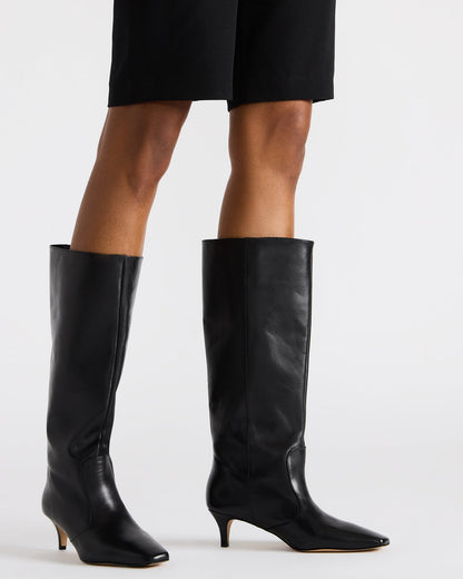 LANDER Black Leather Knee-High Kitten Heel Women's Boot | Steve Madden