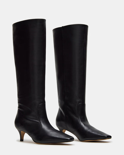 LANDER Black Leather Knee-High Kitten Heel Women's Boot | Steve Madden