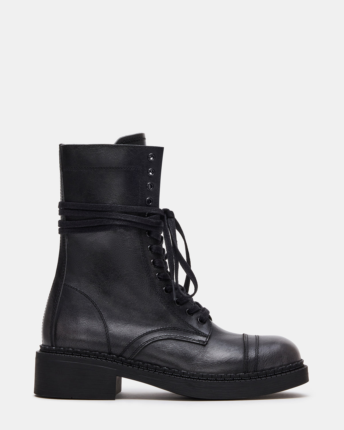 CRIMSON Black Distressed Moto Combat Women's Ankle Booties | Steve Madden