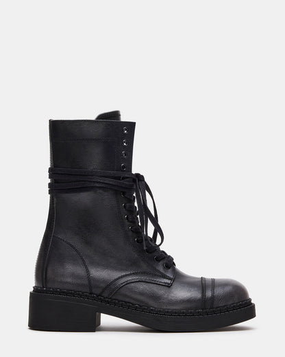 CRIMSON Black Distressed Moto Combat Women's Ankle Booties | Steve Madden