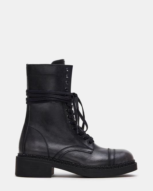CRIMSON Black Distressed Moto Combat Women's Ankle Booties | Steve Madden