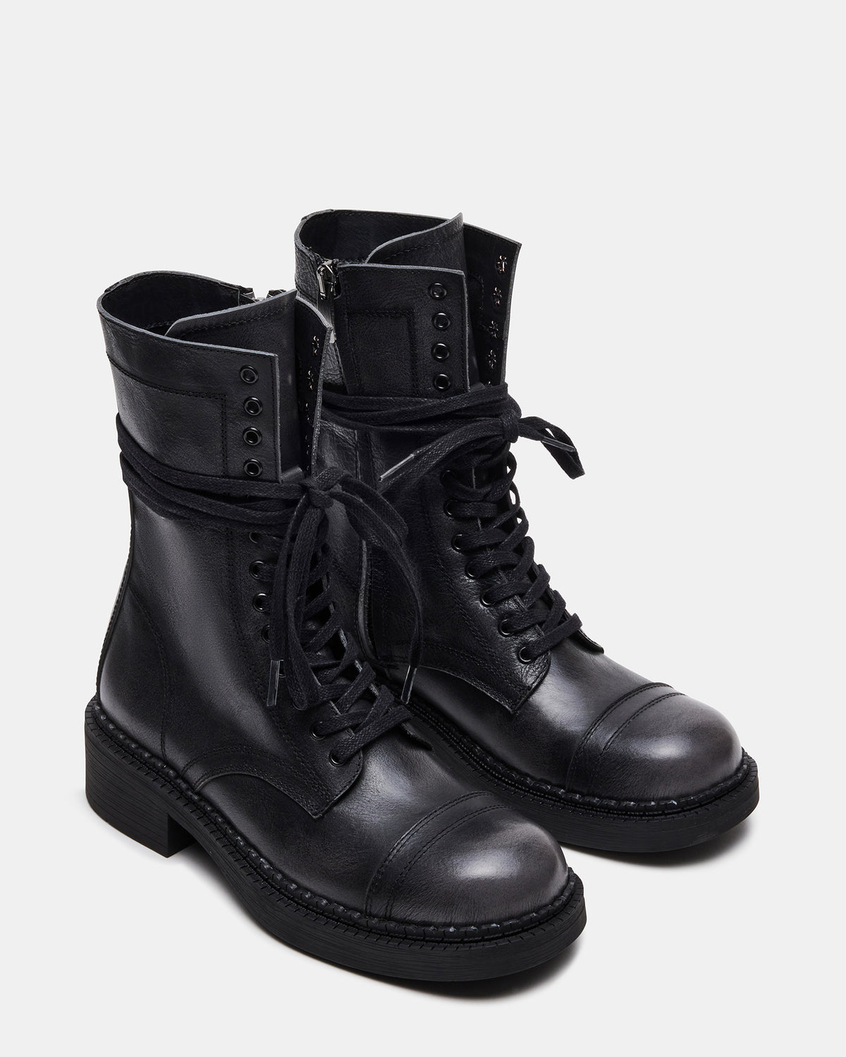 CRIMSON Black Distressed Moto Combat Women's Ankle Booties | Steve Madden