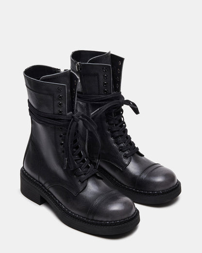 CRIMSON Black Distressed Moto Combat Women's Ankle Booties | Steve Madden