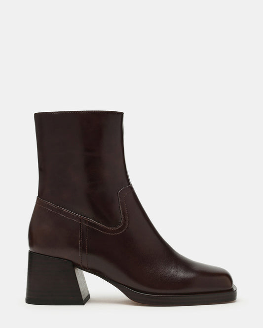 LATCHES Brown Leather Square-Toe Block Heel Women's Ankle Boot | Steve Madden