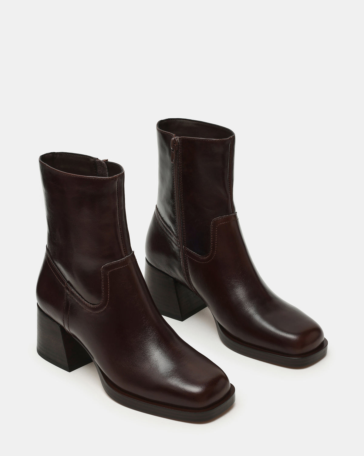 LATCHES Brown Leather Square-Toe Block Heel Women's Ankle Boot | Steve Madden