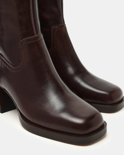 LATCHES Brown Leather Square-Toe Block Heel Women's Ankle Boot | Steve Madden