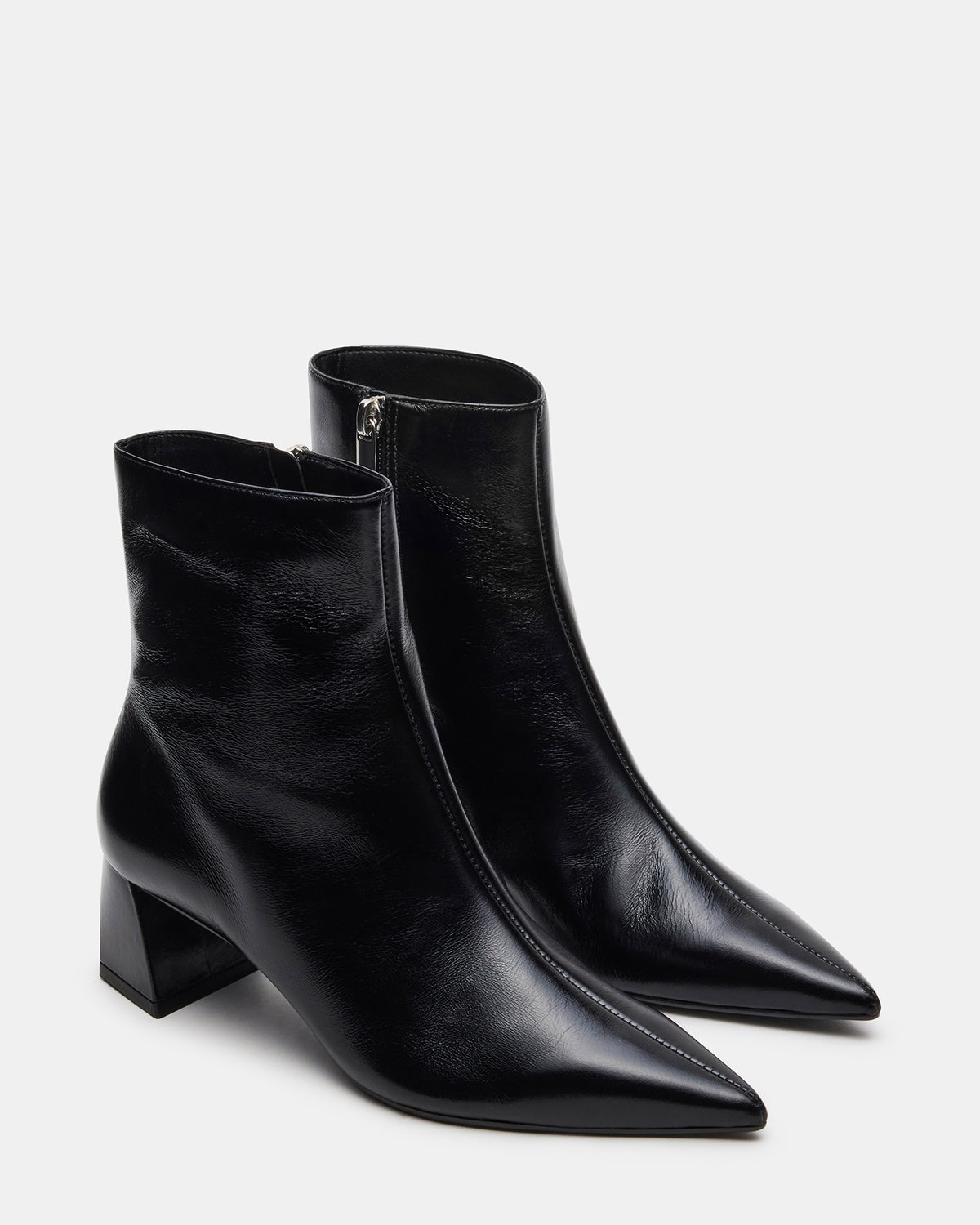 ASHLI Black Leather Pointed-Toe Block Heel Women's Ankle Boot | Steve Madden