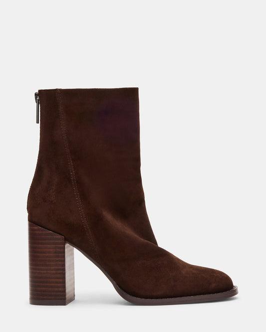 OBSESSION Chocolate Brown Suede Rounded Toe Block Heel Women's Ankle Boot | Steve Madden