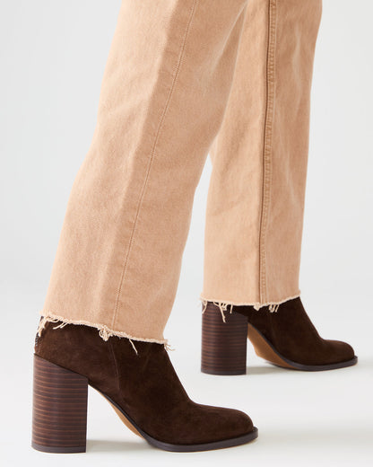 OBSESSION Chocolate Brown Suede Rounded Toe Block Heel Women's Ankle Boot | Steve Madden
