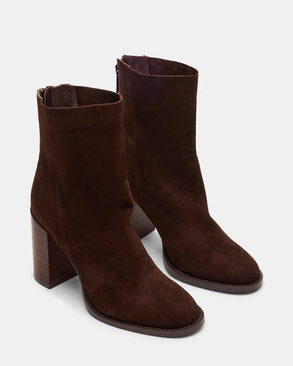 OBSESSION Chocolate Brown Suede Rounded Toe Block Heel Women's Ankle Boot | Steve Madden