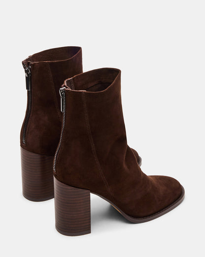 OBSESSION Chocolate Brown Suede Rounded Toe Block Heel Women's Ankle Boot | Steve Madden