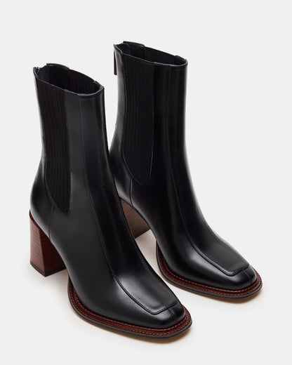 DOWNTOWN Black Leather Chelsea Block Heel Ankle Boot | Women's Booties | Steve Madden