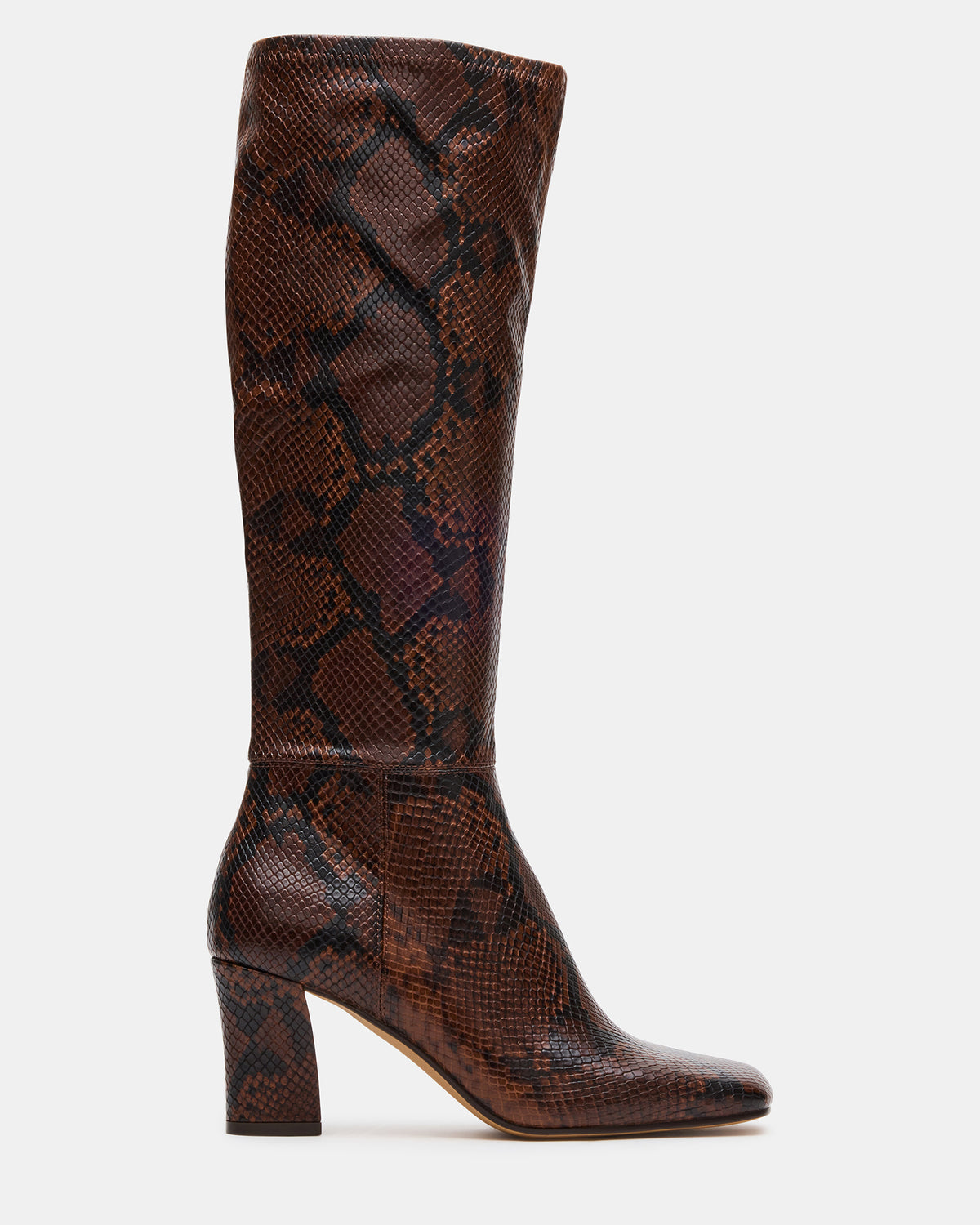 ELLIOT Brown Snake Square-Toe Knee-High Block Heel Women's Boot | Steve Madden