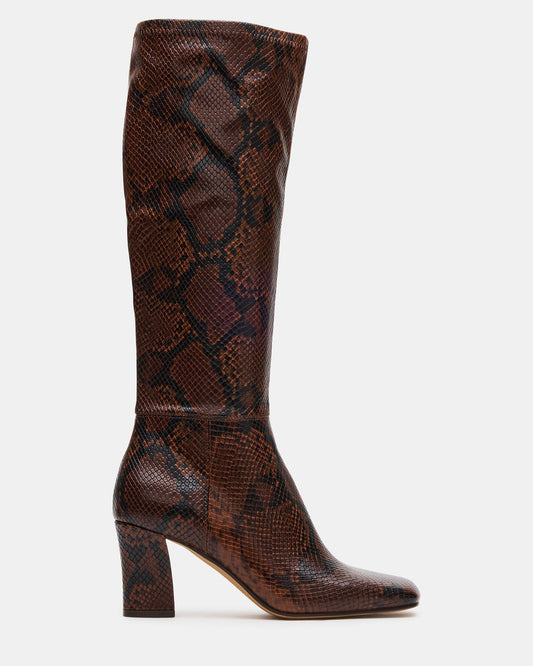 ELLIOT Brown Snake Square-Toe Knee-High Block Heel Women's Boot | Steve Madden