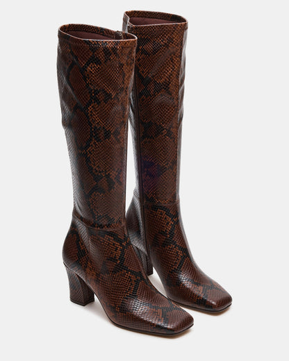ELLIOT Brown Snake Square-Toe Knee-High Block Heel Women's Boot | Steve Madden