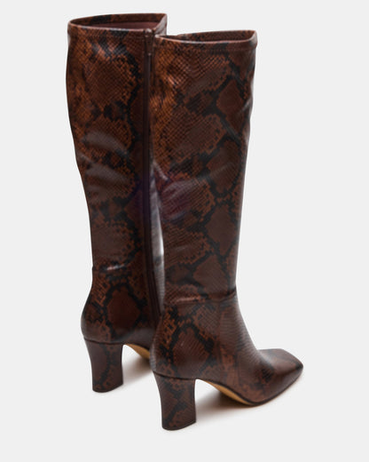 ELLIOT Brown Snake Square-Toe Knee-High Block Heel Women's Boot | Steve Madden