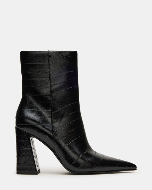 AUDREANA Black Eel Pointed-Toe Block Heel Women's Ankle Boot | Steve Madden