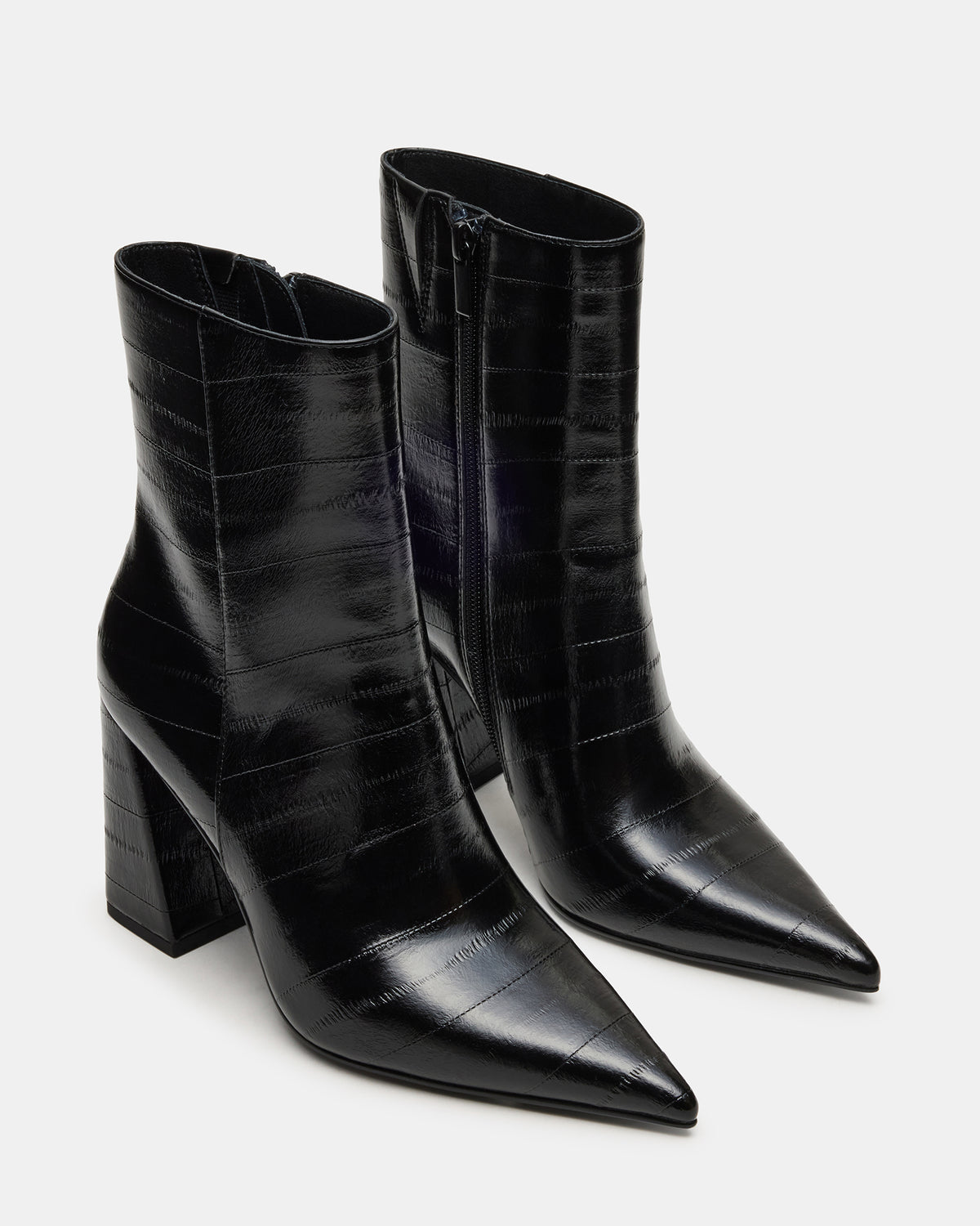 AUDREANA Black Eel Pointed-Toe Block Heel Women's Ankle Boot | Steve Madden