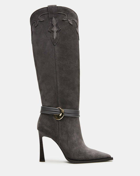 KYNDALL Grey Suede Pointed-Toe Stiletto Heeled Knee-High Women's Boot | Steve Madden