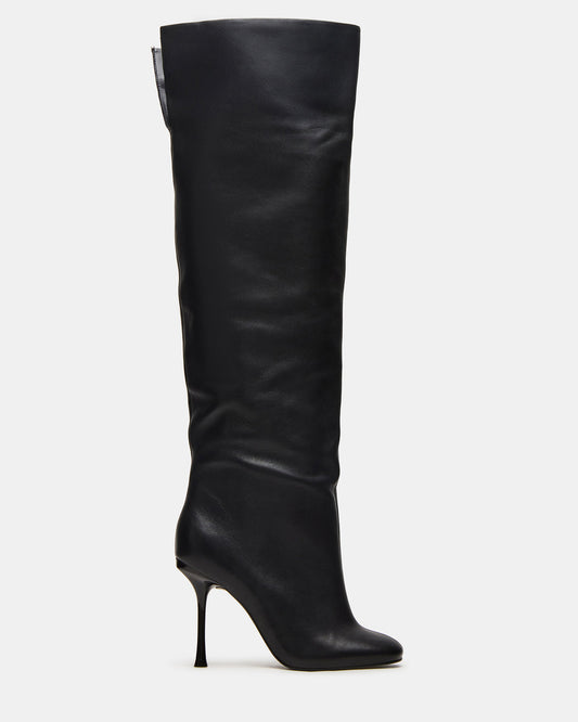 ALLURING Black Leather Over-The-Knee Square-Toe Heeled Women's Boot | Steve Madden