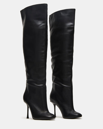 ALLURING Black Leather Over-The-Knee Square-Toe Heeled Women's Boot | Steve Madden