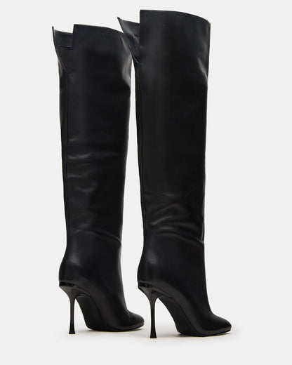 ALLURING Black Leather Over-The-Knee Square-Toe Heeled Women's Boot | Steve Madden