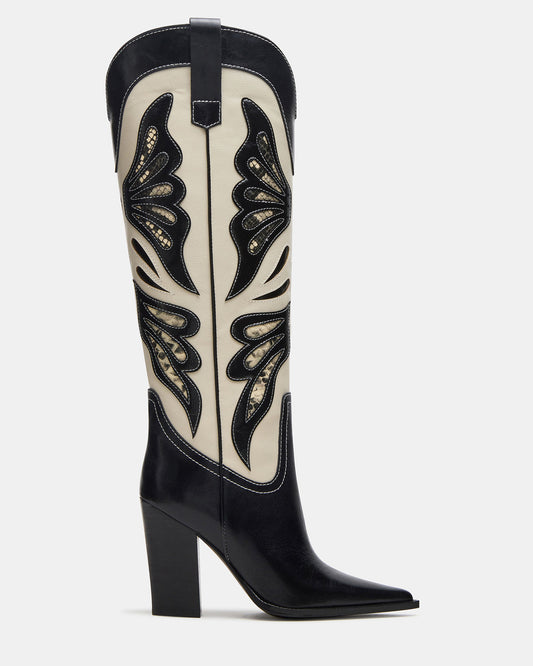 KAZ Black/White Pointed-Toe Knee-High Block Heel Western Women's Boot | Steve Madden