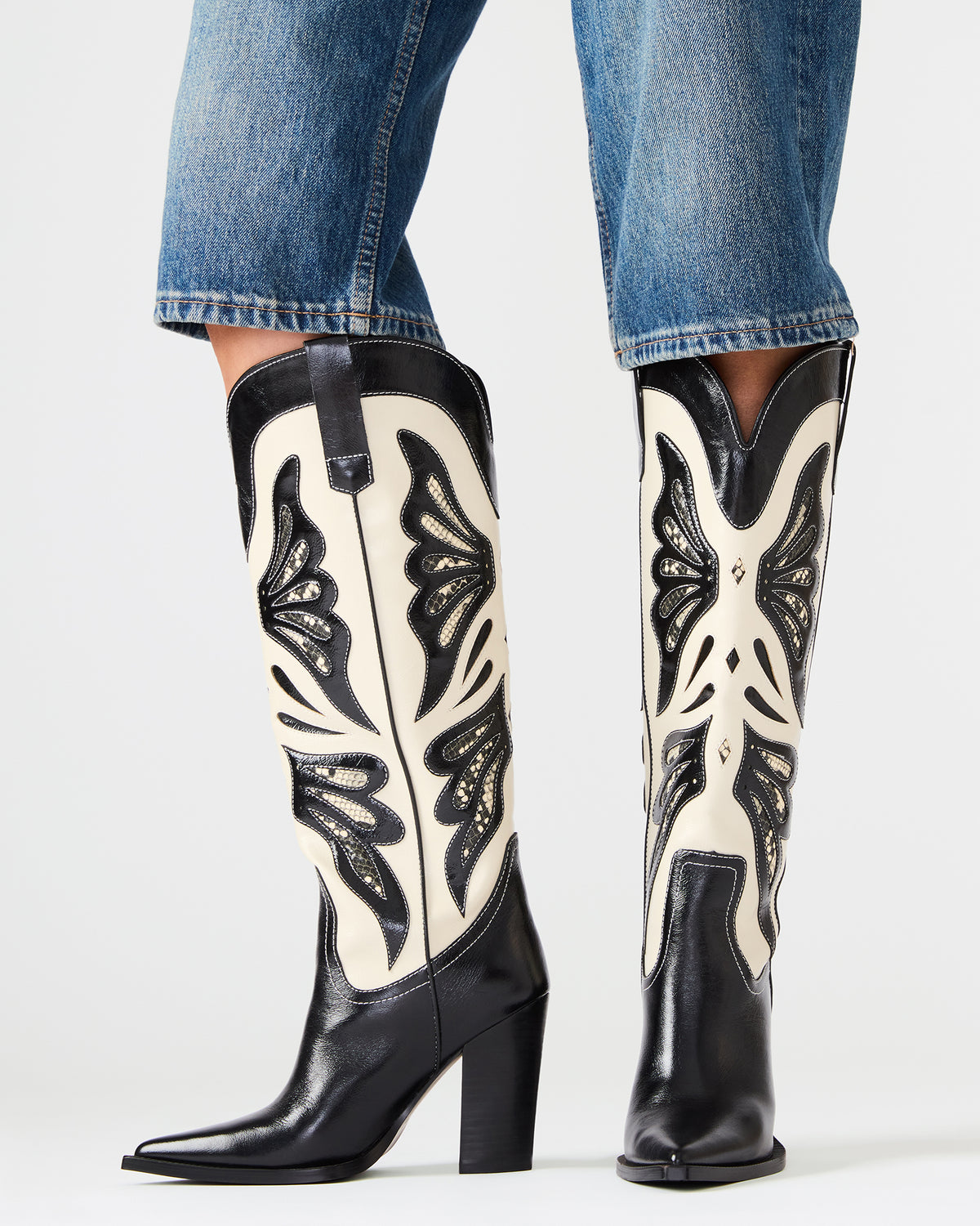 KAZ Black/White Pointed-Toe Knee-High Block Heel Western Women's Boot | Steve Madden