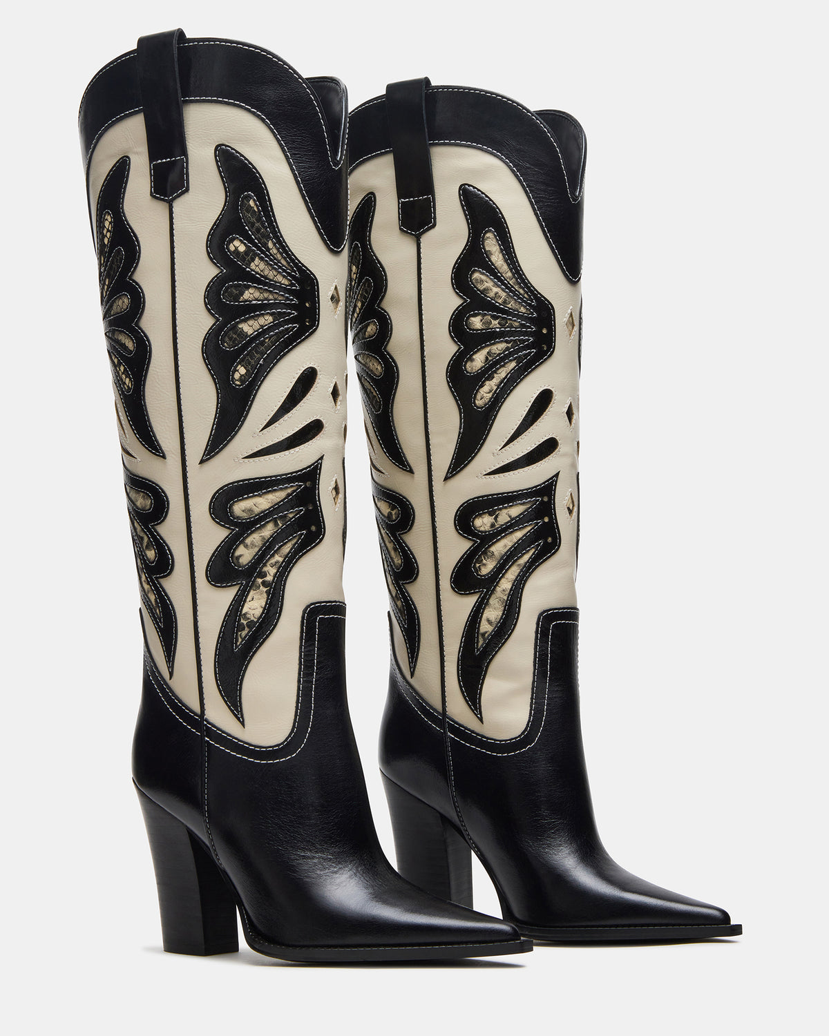 KAZ Black/White Pointed-Toe Knee-High Block Heel Western Women's Boot | Steve Madden
