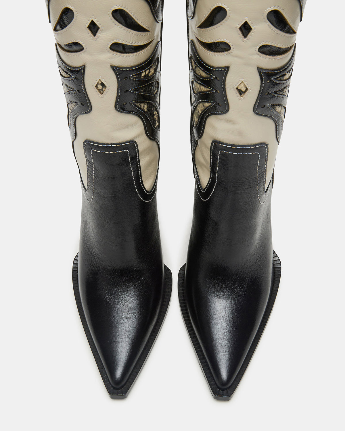 KAZ Black/White Pointed-Toe Knee-High Block Heel Western Women's Boot | Steve Madden